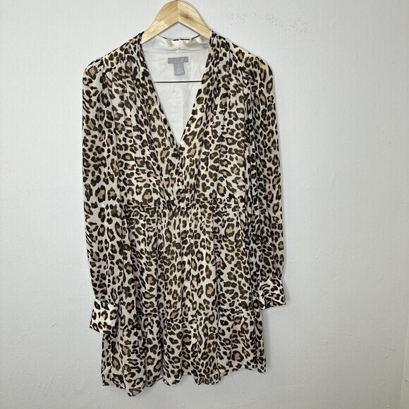 Divided H&M Leopard Print Dress Women's Fit and Flare Tan Size 4 Long Sleeve Tan - Picture 1 of 8